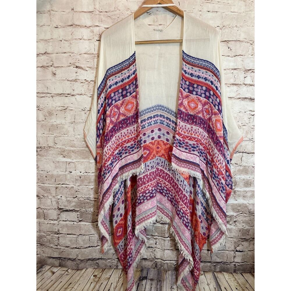 Ecote Top Womens One Size Wrap Drape Shawl Pink &‎ Coral Aztec Fringe Open Front